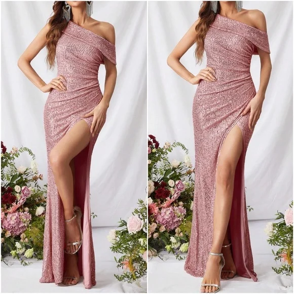 Luxe One Shoulder slit thigh party formal holidays Evening sequins dress